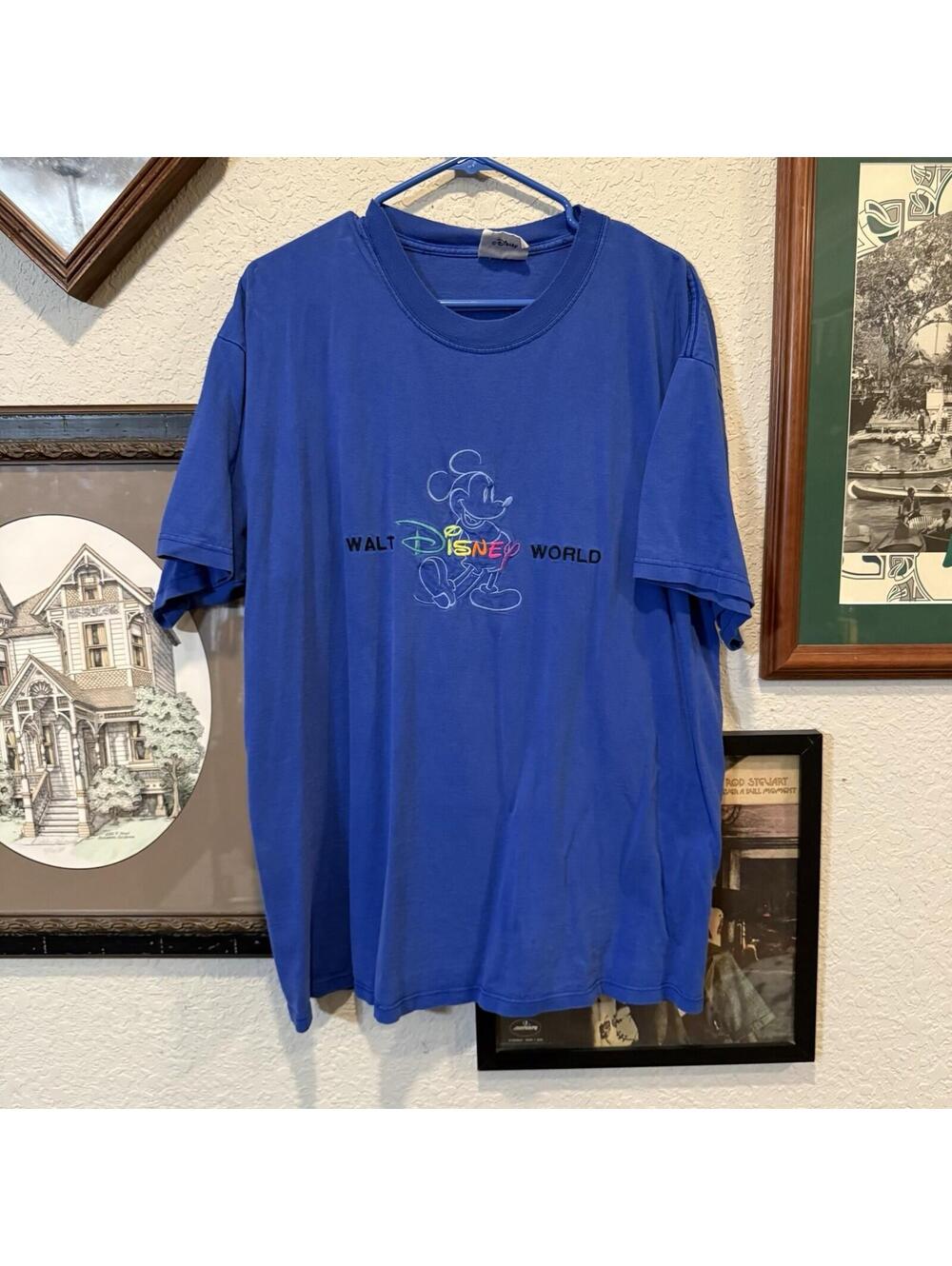 Vintage 90s Disney World Rainbow Embroidered Mickey Mouse Shirt‎ Blue Size XL